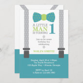 Little Man Birthday Party, Aquamarin, grau, grün Einladung (Vorne/Hinten)