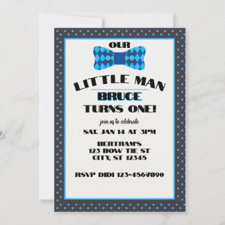 Little Man, Black Blue Bow Tie 1st Birthday Einladung