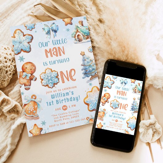 Little Man Christmas Blue Cookie 1. Geburtstag Einladung
