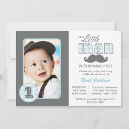 Little Man First Birthday Mustache Blue Gray Foto Einladung