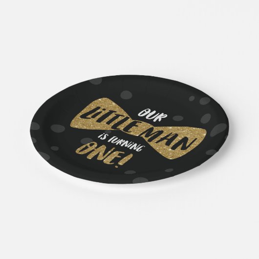 Little Man First Birthday Paper Teller, Gold Pappteller (Schrägansicht)