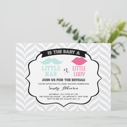 Little Man Little Lady Gender Reveal Baby Shower Einladung (Stehend Vorderseite)