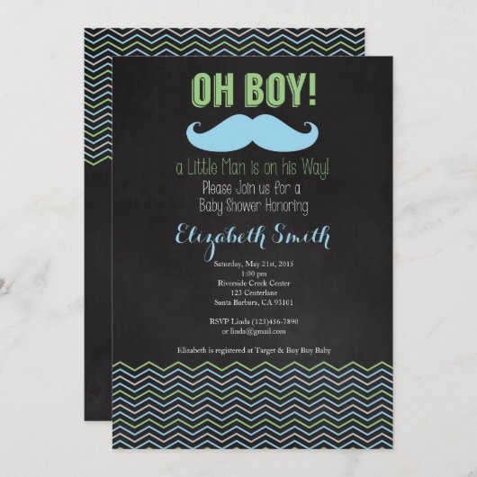 Little Man Mustache Baby Shower Einladung Chalkb (Vorne/Hinten)