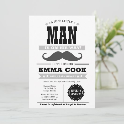 Little Man Mustache Bash Boy Baby Shower Einladung (Stehend Vorderseite)