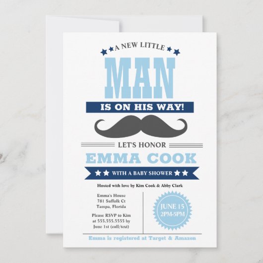 Little Man Mustache Bash Boy Baby Shower Einladung (Vorderseite)