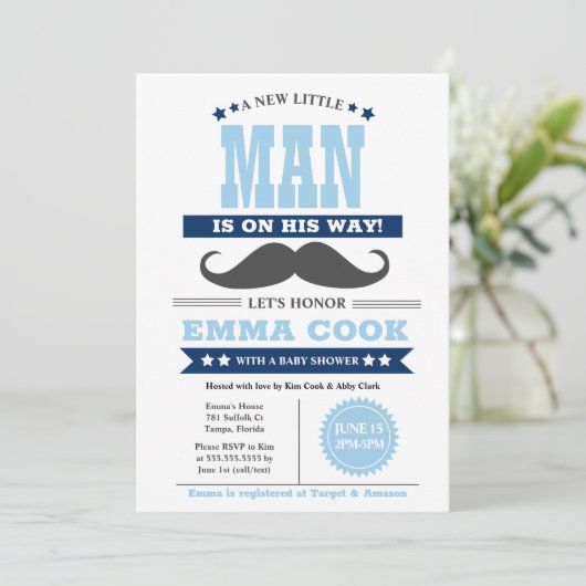 Little Man Mustache Bash Boy Baby Shower Einladung (Stehend Vorderseite)