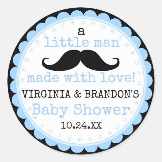 Little Man Mustache Blue Baby Shower Guest Fevor Runder Aufkleber (Vorderseite)