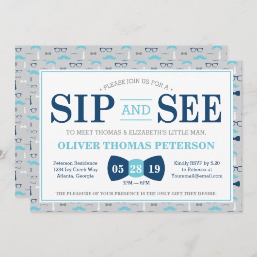 Little Man Sip and See Baby Shower Einladung (Vorne/Hinten)