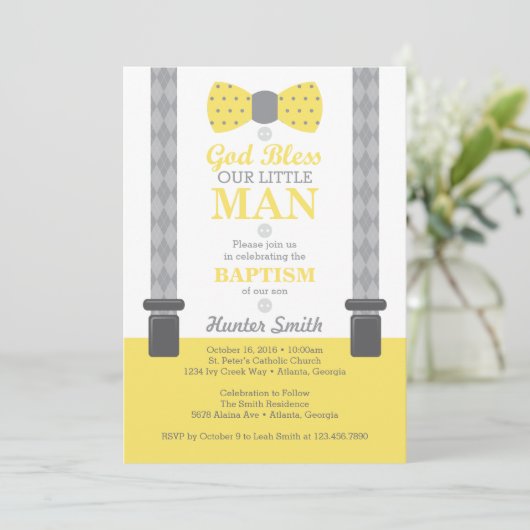 Little Man Taufe Einladung, gelb, grau Einladung (Stehend Vorderseite)
