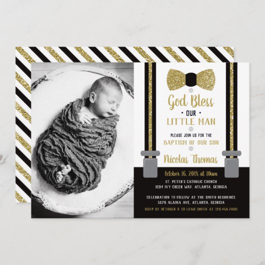 Little Man Taufe Einladung, Schwarz, Gold Einladung (Vorne/Hinten)
