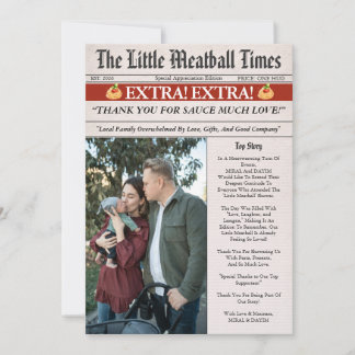 Little Meatball Newspaper Baby Shower Photo Dankeskarte