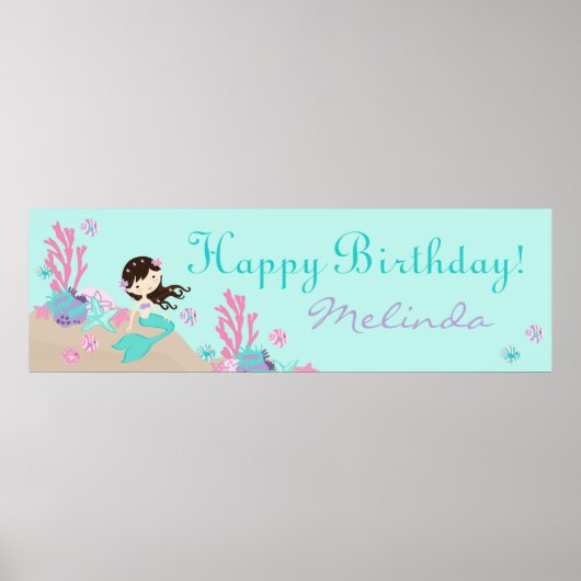 Little Mermaid Birthday Banner Brünett Poster (Vorne)