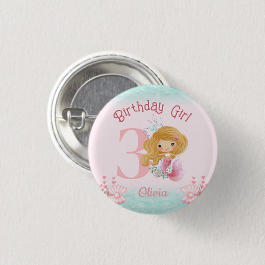 Little Mermaid Birthday Pink Button (Vorne & Hinten)