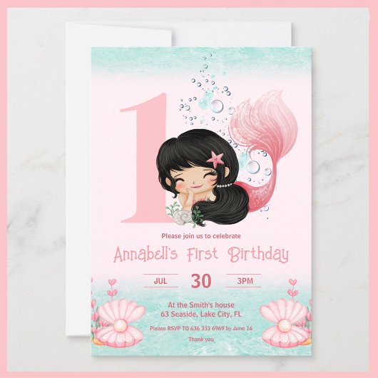 Little Mermaid Dark Hair Pink 1. Geburtstag Einladung