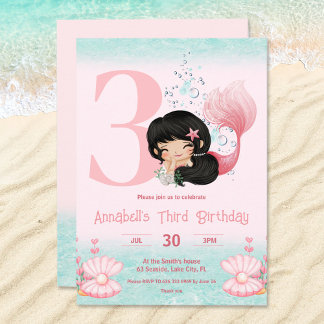 Little Mermaid Dark Hair Pink Girl Geburtstag Einladung