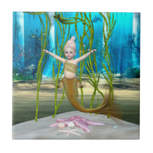 Little Mermaid Niedlich Fantasy Girl, Blue Ocean Fliese