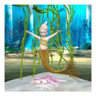 Little Mermaid Niedlich Fantasy Girl, Blue Ocean Fotodruck