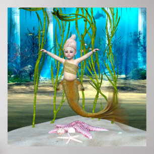 Little Mermaid Niedlich Fantasy Girl, Blue Ocean Poster