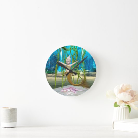 Little Mermaid Niedlich Fantasy Girl, Blue Ocean Runde Wanduhr (Zuhause)