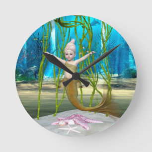 Little Mermaid Niedlich Fantasy Girl, Blue Ocean Runde Wanduhr