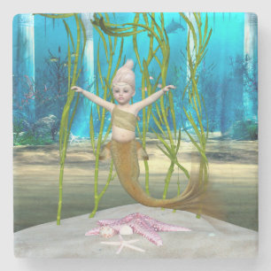 Little Mermaid Niedlich Fantasy Girl, Blue Ocean Steinuntersetzer
