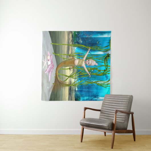 Little Mermaid Niedlich Fantasy Girl, Blue Ocean Wandteppich (Beispiel (Horizontal))