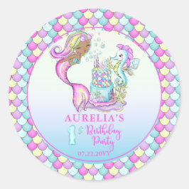 Little Mermaid of Color - Girl 1. Geburtstag Party Runder Aufkleber