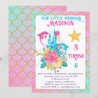 Little Mermaid Scale Pink Türkis Gold Geburtstag Einladung