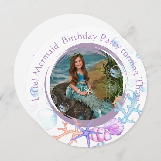 Little Mermaid Three Birthday Party Foto Einladung (Vorne/Hinten)