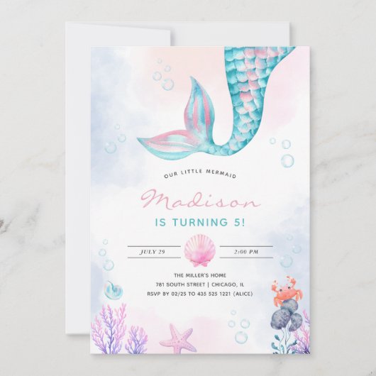 Little Mermaid Underwater Birthday Einladung (Vorderseite)