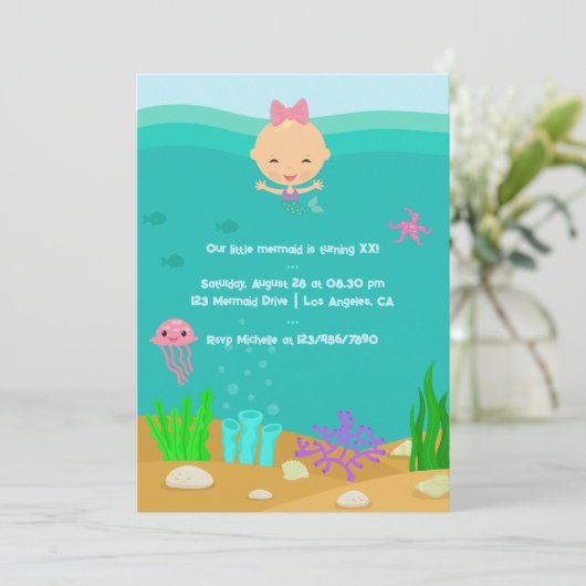 Little Mermaid Underwater Birthday Party Einladung (Stehend Vorderseite)