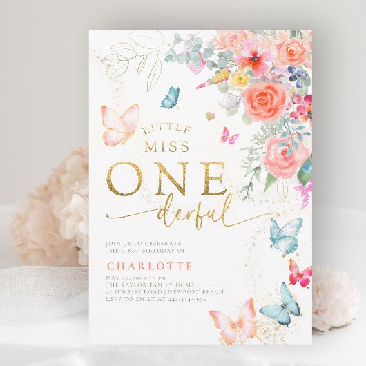 Little Miss Butterfly Girl 1. Geburtstag Party Einladung