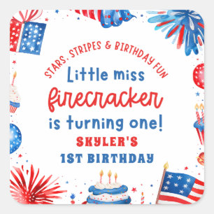 Little Miss Firecracker 4. Juli 1. Geburtstag Quadratischer Aufkleber