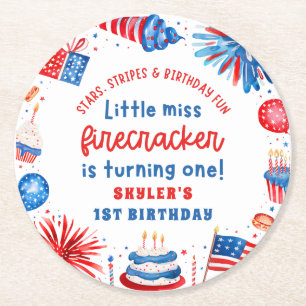 Little Miss Firecracker 4. Juli 1. Geburtstag Runder Pappuntersetzer