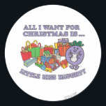 Little Miss Naughty's Christmas Joy Runder Aufkleber<br><div class="desc">Sieht so aus, als ob Little Miss Naughty noch in der Lage war, ihren Weg auf die schöne Liste des Weihnachtsmanns zu finden. Giddy mit der Aussicht, alle diese Geschenke zu öffnen, hat Little Miss Naughty ein riesiges Grinsen auf ihrem Gesicht und eine überraschende Menge an Selbst-Kontrolle. Es ist phantastisch,...</div>