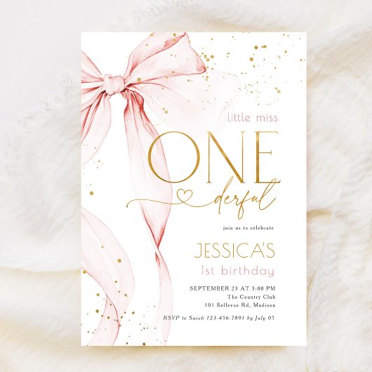 Little Miss ONEderful 1st Birthday Pink Bow Einladung