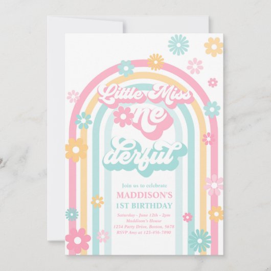 Little Miss Onederful Groovy Rainbow 1. Geburtstag Einladung (Vorderseite)