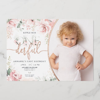 Little Miss Onederful Pink Floral Foil Einladung