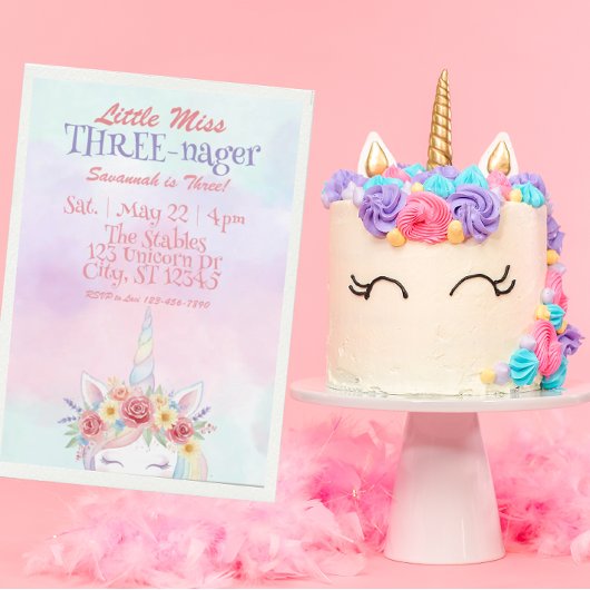 Little Miss Three-nager, Unicorn 3rd Birthday Einladung