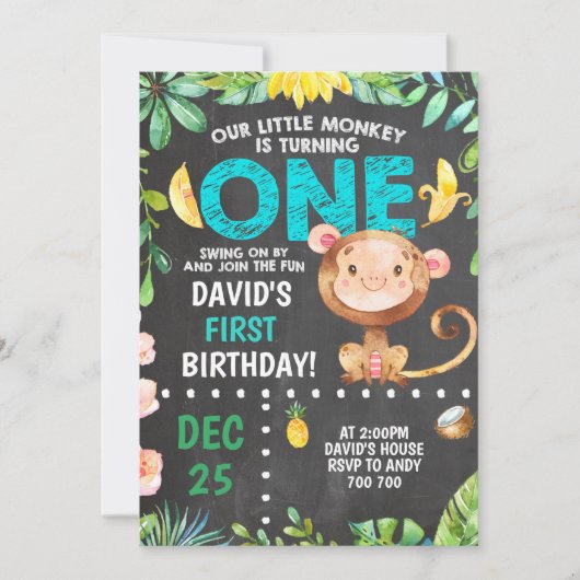 Little Monkey First Birthday Boy Party Einladung (Vorderseite)