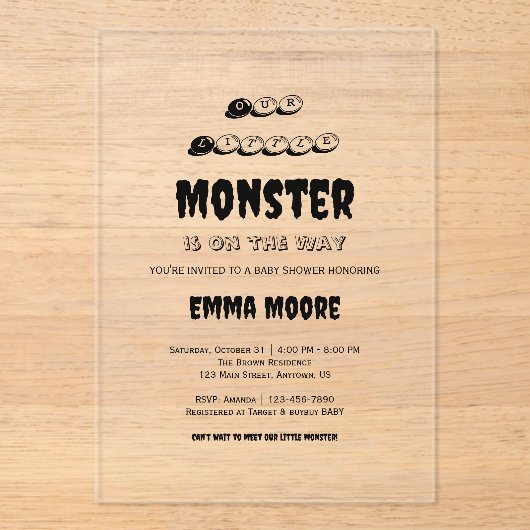 Little Monster Baby Shower Typography Design Acryleinladungen (Vorderseite)