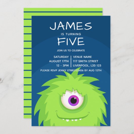 Little Monster Blue Green Einladung (Vorne/Hinten)