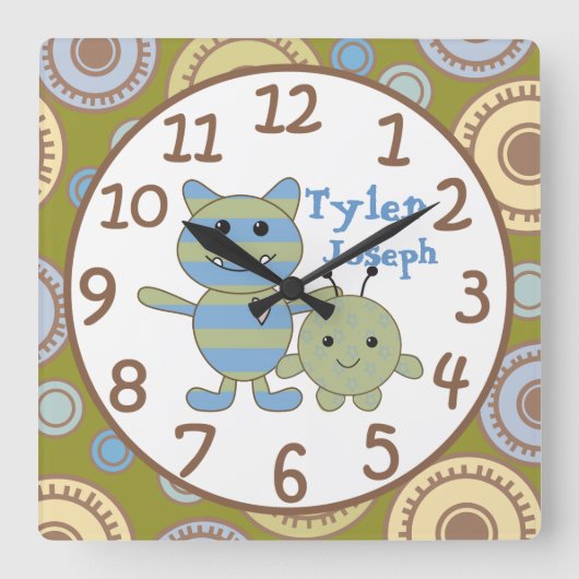 Little Monsters Peeking Baby Wall Clock Quadratische Wanduhr (Vorderseite)