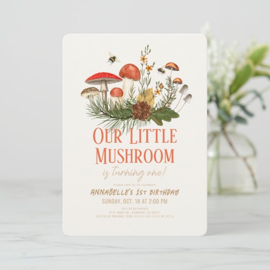 Little Mushroom Fall Autumn 1st Birthday Einladung (Stehend Vorderseite)