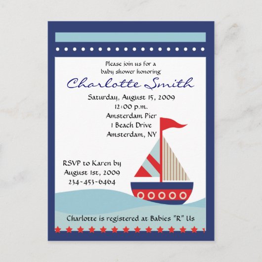 Little Navy Blue Sail Boat Baby Shower Einladung (Vorderseite)