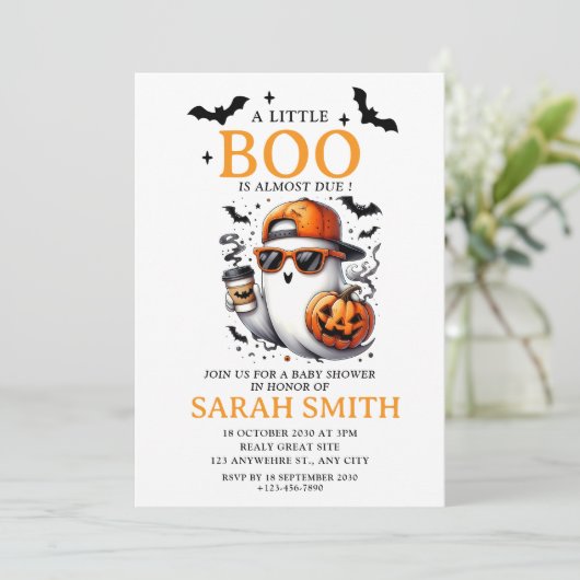 Little niedlich Boo ist fast Due Baby Dusche Einladung (Stehend Vorderseite)