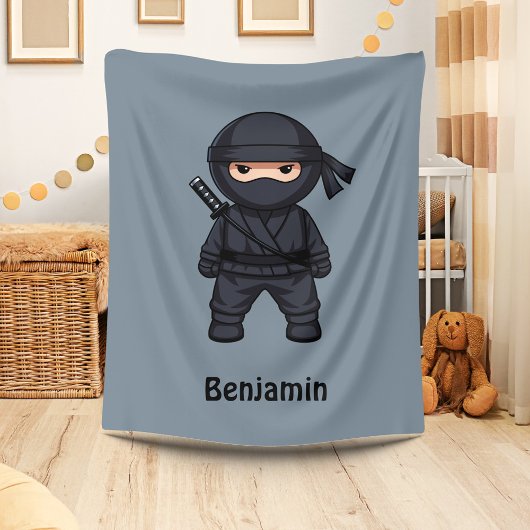 Little Ninja Custom Name Grey Fleecedecke