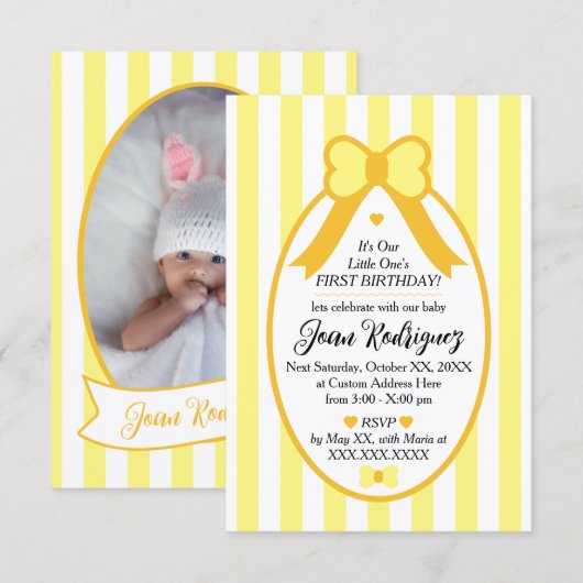 Little One Bow 1st Birthday Photo Invitations Dankeskarte (Vorne/Hinten)