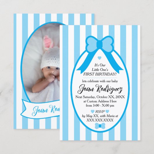 Little One Bow 1st Birthday Photo Invitations Dankeskarte (Vorne/Hinten)
