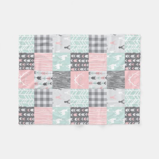 Little One Patchwork Deer - rosa, minze und grau Fleecedecke (Vorderseite (Horizontal))